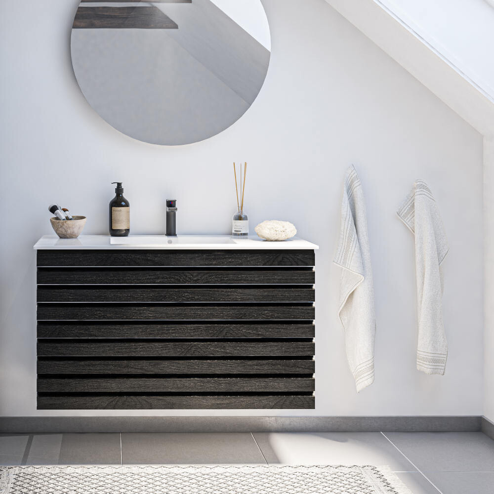 Washington svart eik baderomssett<br>B: 102 cm med 2 skuffer